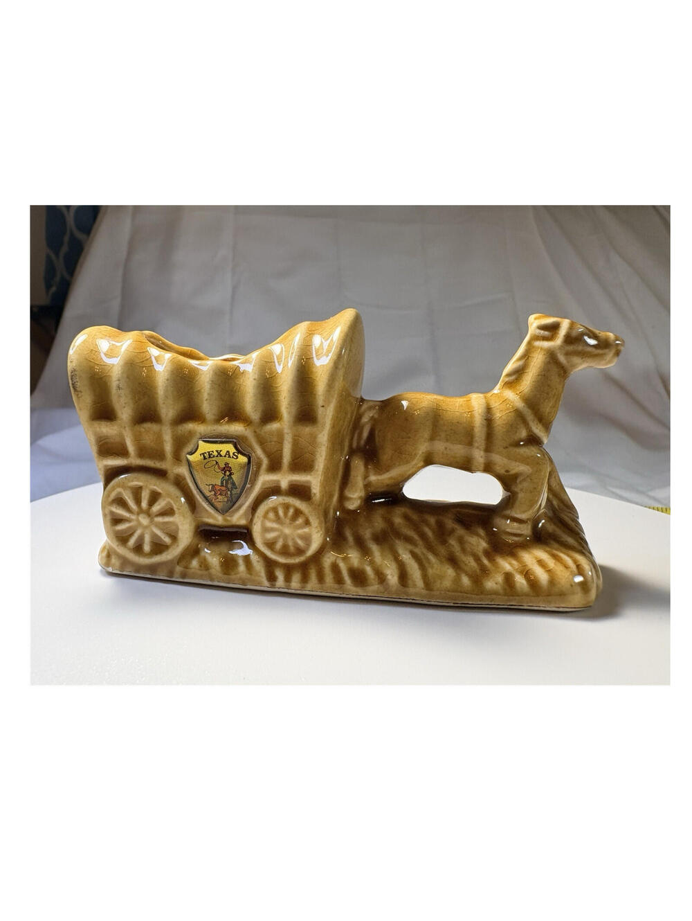Texas Western Ceramic Wagon-Shaped Planter Brown Cowboy Horse. COLLECTIBLES